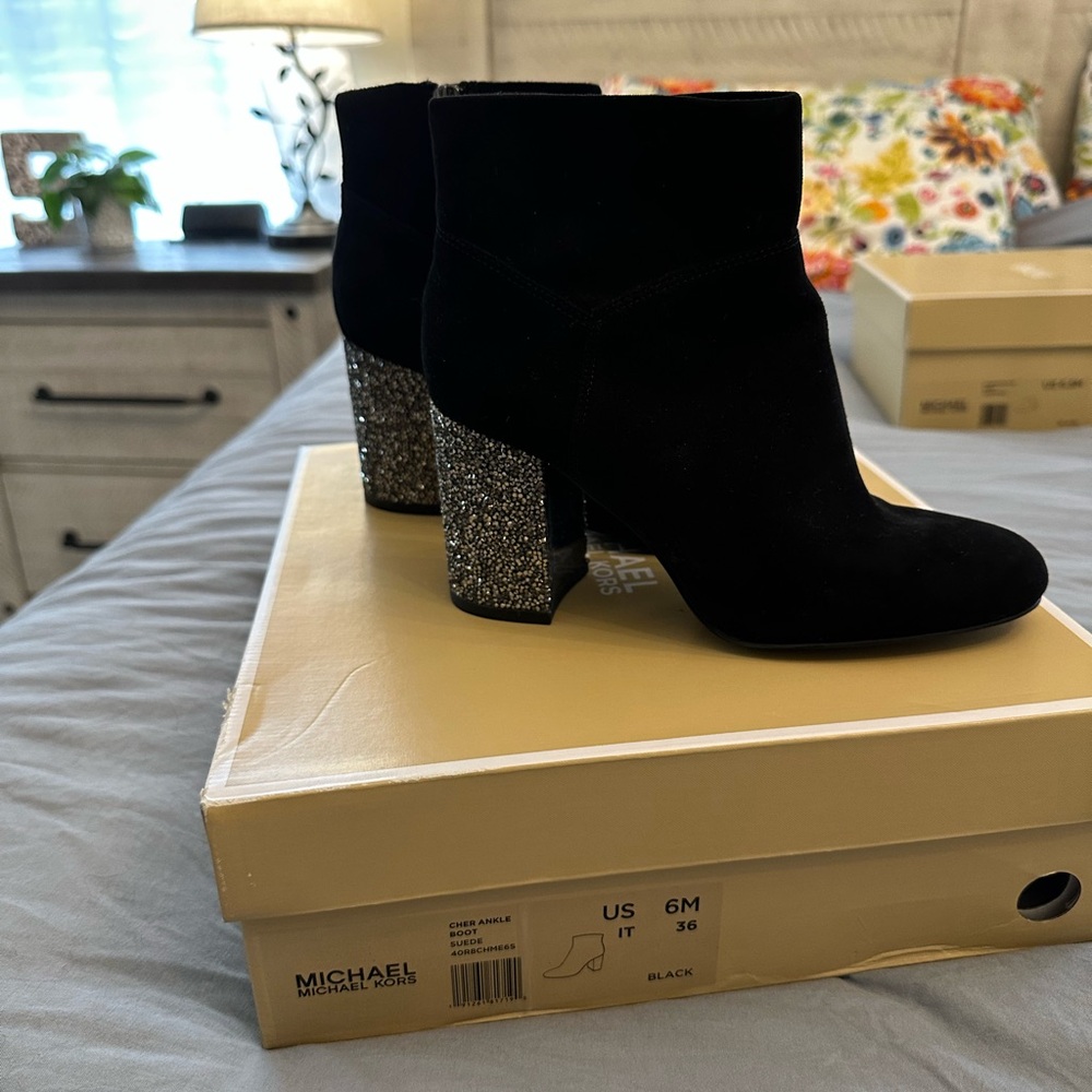 Michael Kors Black Ankle Boots with Silver Glitter Heel